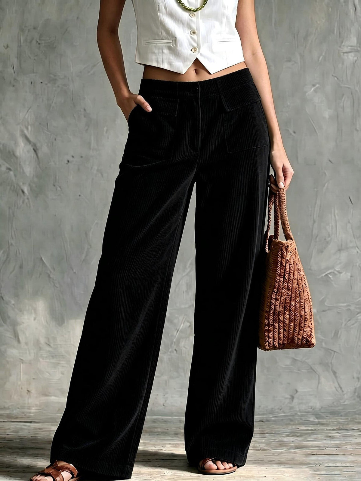 Macy | Women's Retro Wide-Leg Trousers with Front Patch Pockets