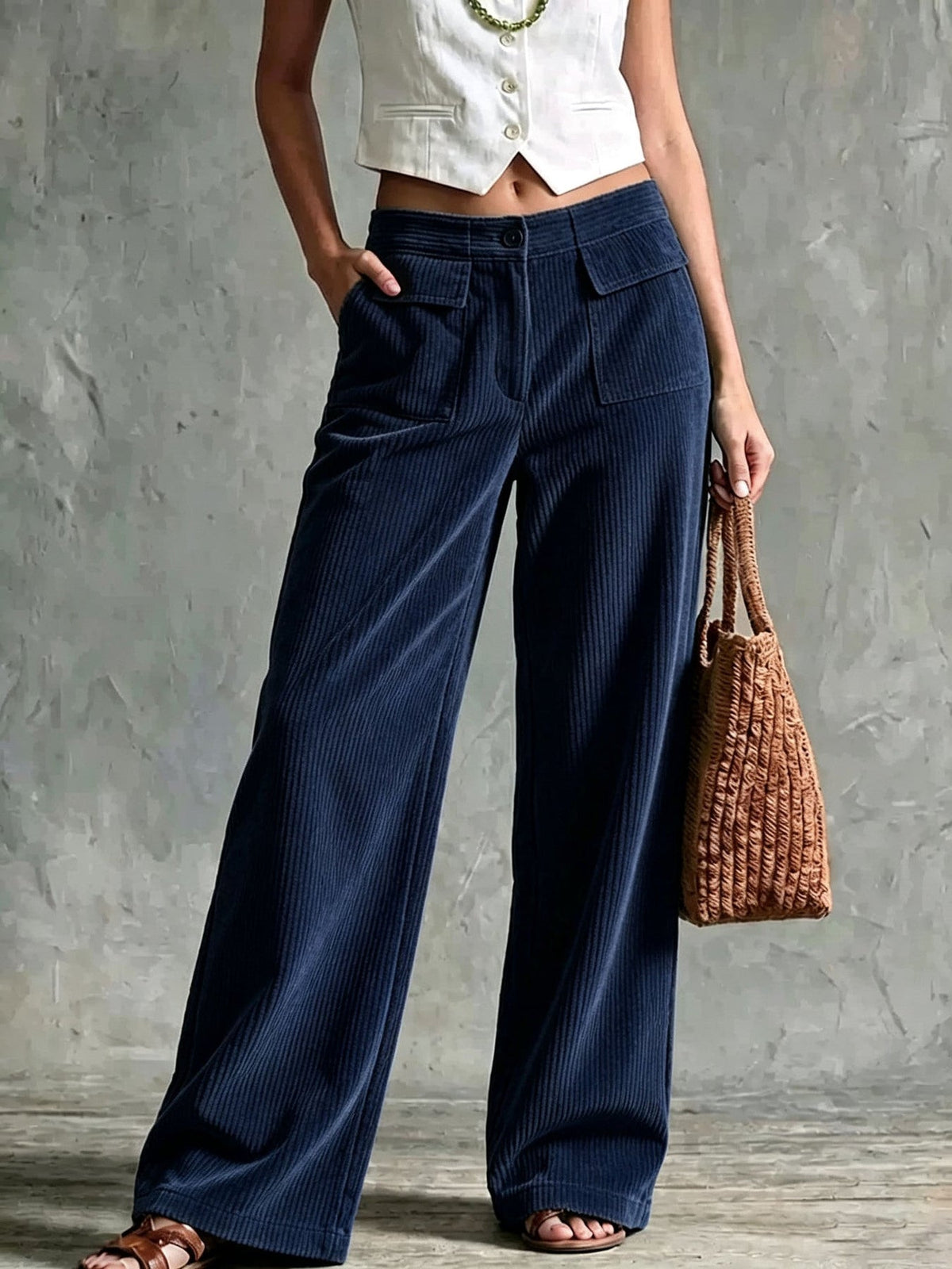 Macy | Women's Retro Wide-Leg Trousers with Front Patch Pockets