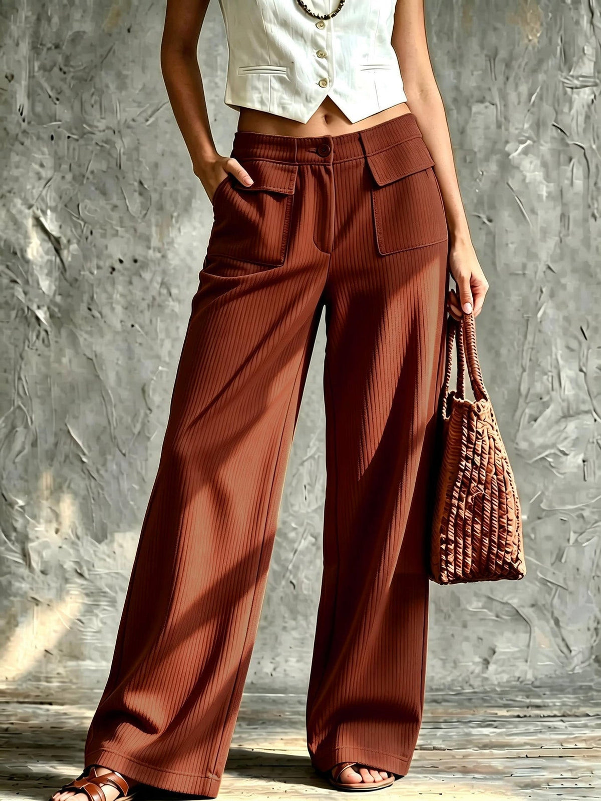 Macy | Women's Retro Wide-Leg Trousers with Front Patch Pockets