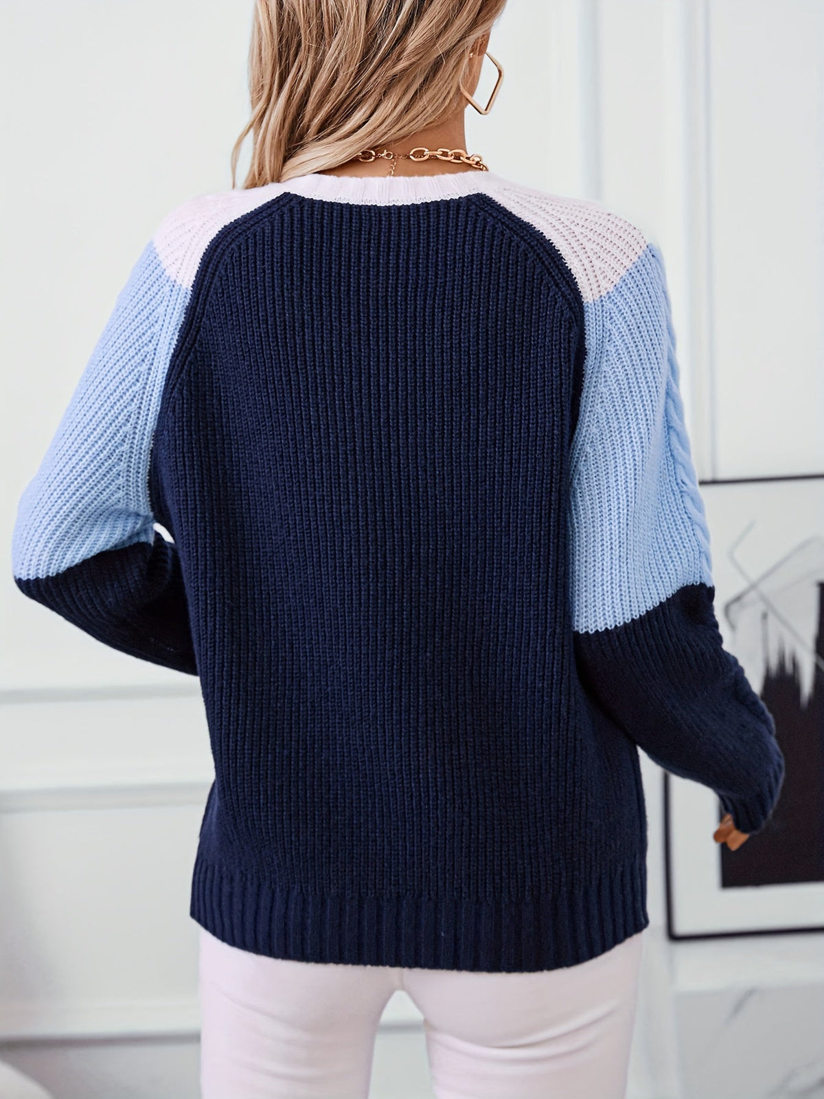 Maddie | Women's Chevron Colorblock Sweater with Cable Detail