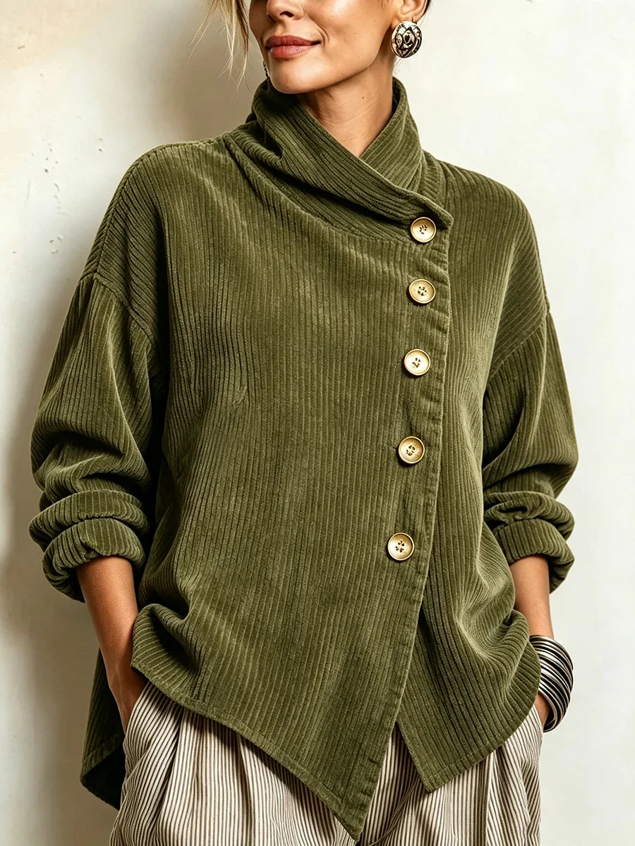 Megan | Women's Diagonal Button-Up Top with High Wrap Collar
