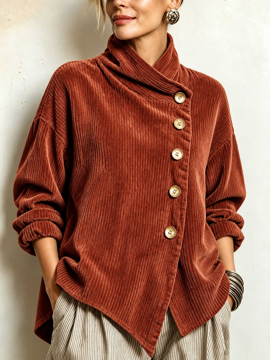 Megan | Women's Diagonal Button-Up Top with High Wrap Collar