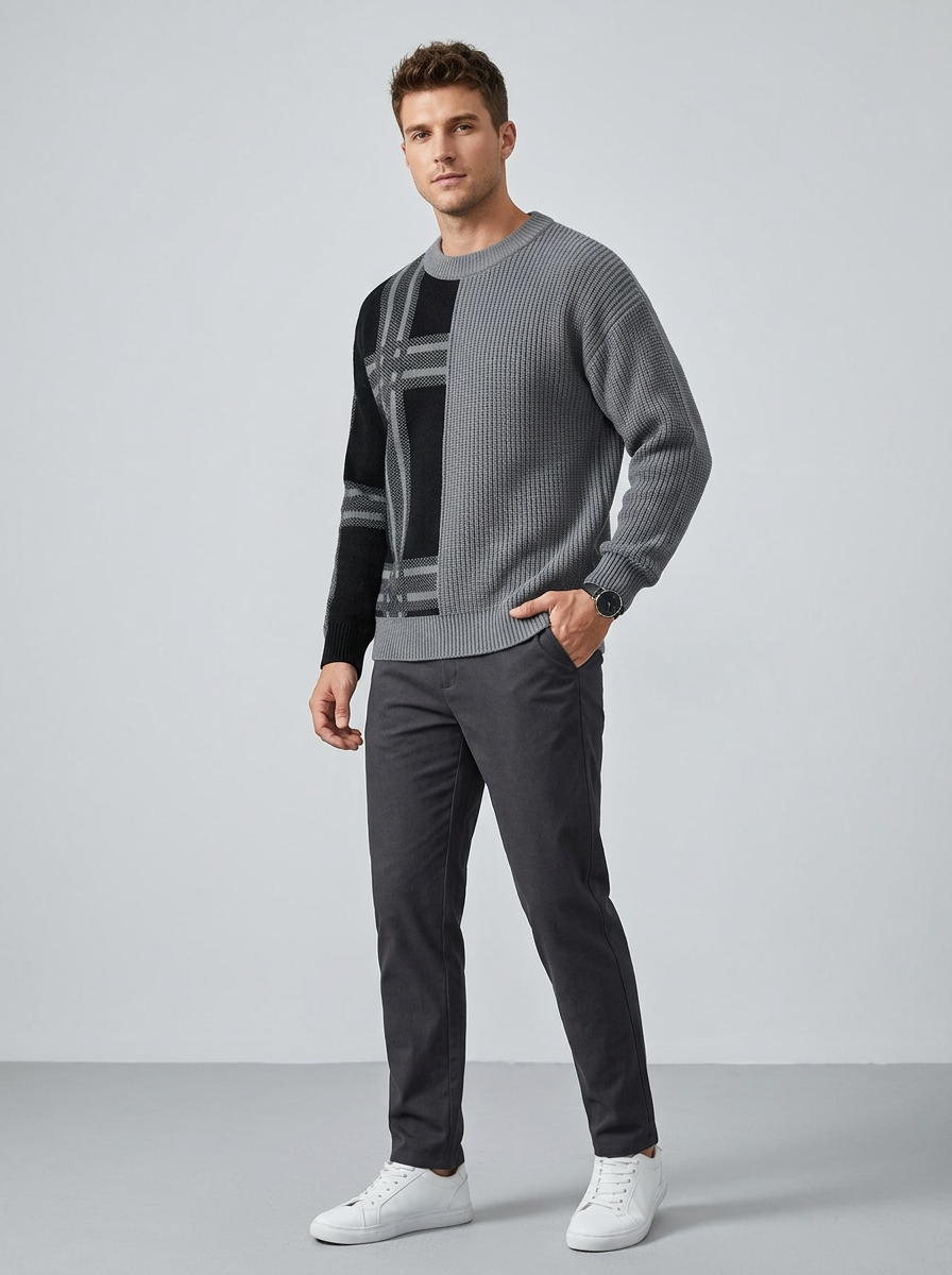 Men's Sweater Color Block Plaid Knit | Crewneck