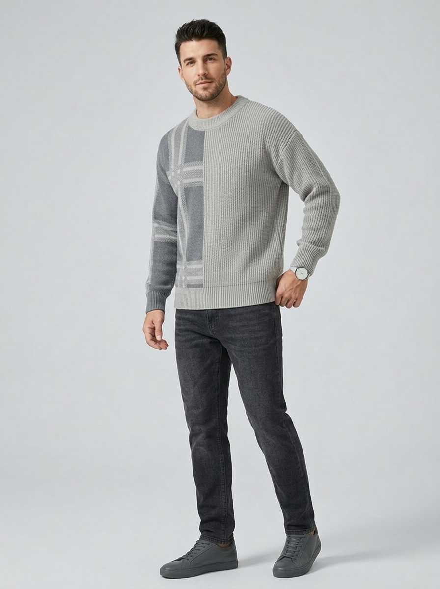 Men's Sweater Color Block Plaid Knit | Crewneck