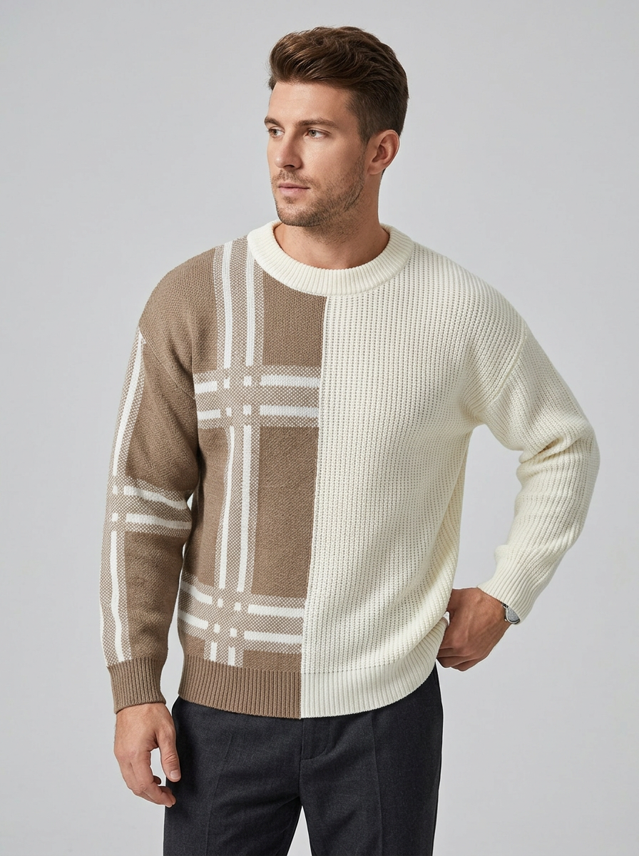 Men's Sweater Color Block Plaid Knit | Crewneck