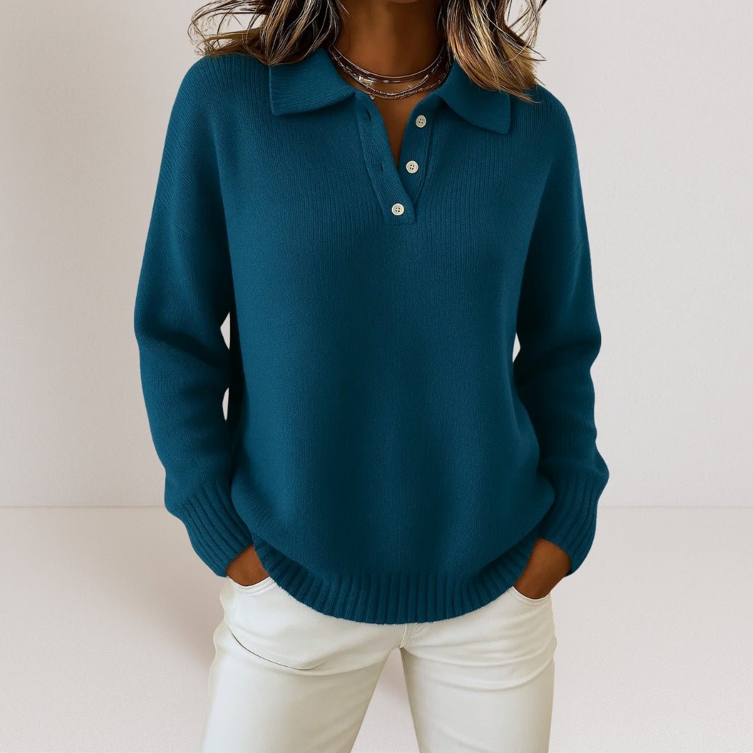 Merovelle | Women's Polo Collar Sweater with Button Placket