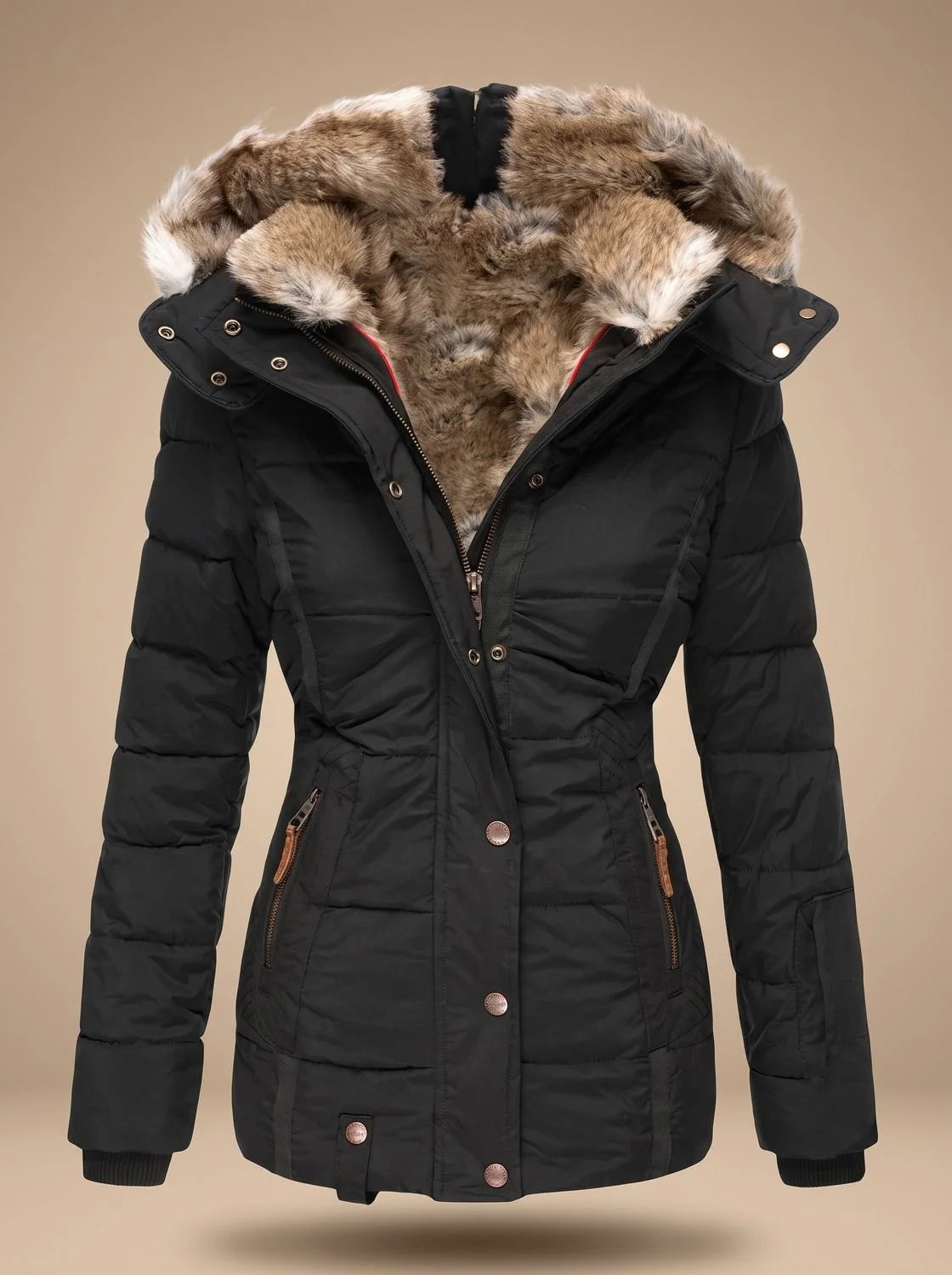 Savannah | Women's Quilted Winter Puffer Coat with Fluffy Hood Trim and Zip Front