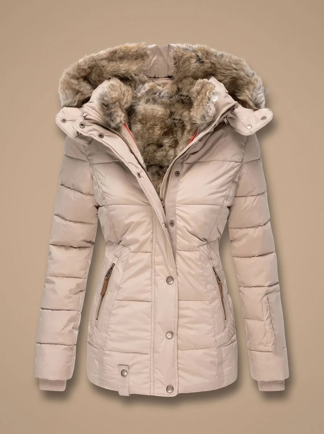 Savannah | Women's Quilted Winter Puffer Coat with Fluffy Hood Trim and Zip Front