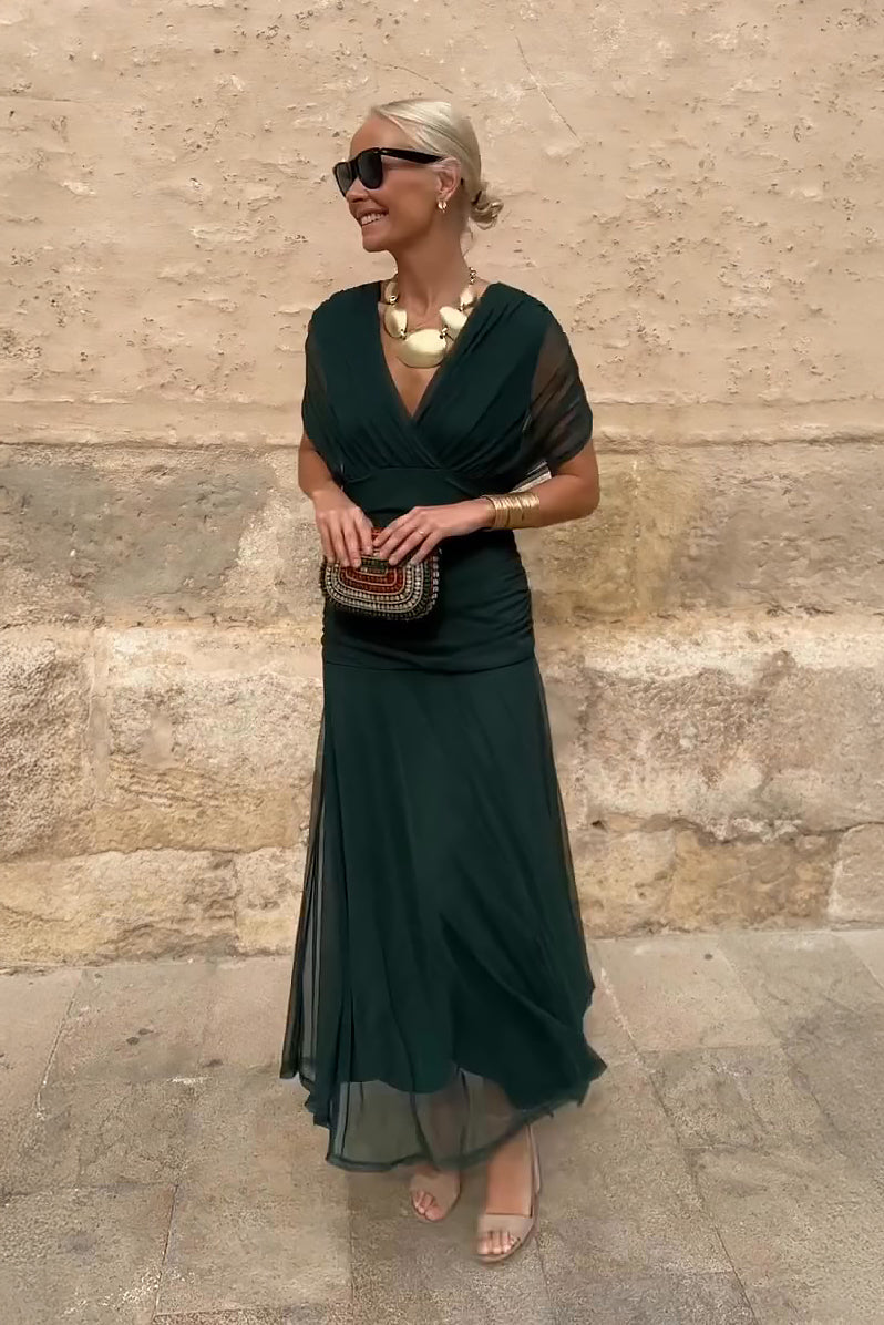Phoebe | Women's V-Neck Maxi Dress with Pleated Waist