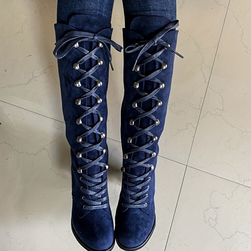 Phoebe | Women’s Lace-Up Knee-High Boots with Chunky Block Heel
