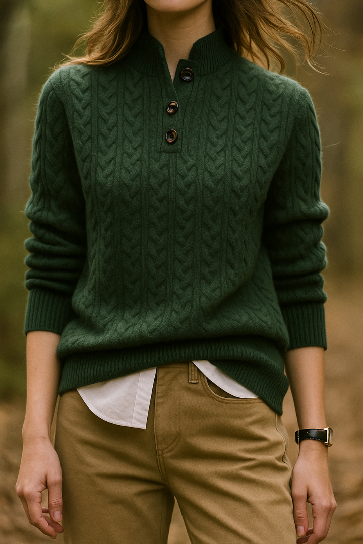 Hazel | Women's Cable-Pattern Pullover Sweater with Button Mock Neck