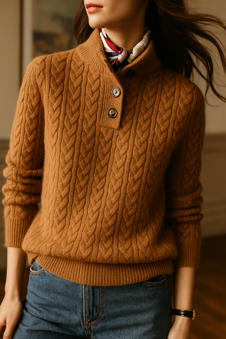 Hazel | Women's Cable-Pattern Pullover Sweater with Button Mock Neck