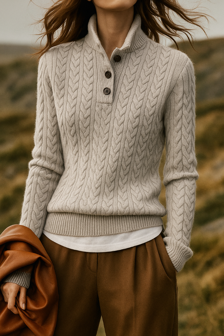 Hazel | Women's Cable-Pattern Pullover Sweater with Button Mock Neck