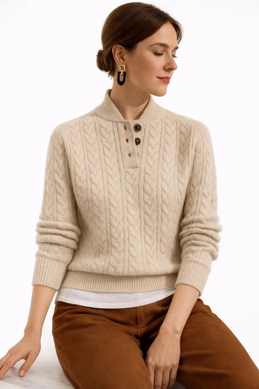 Hazel | Women's Cable-Pattern Pullover Sweater with Button Mock Neck