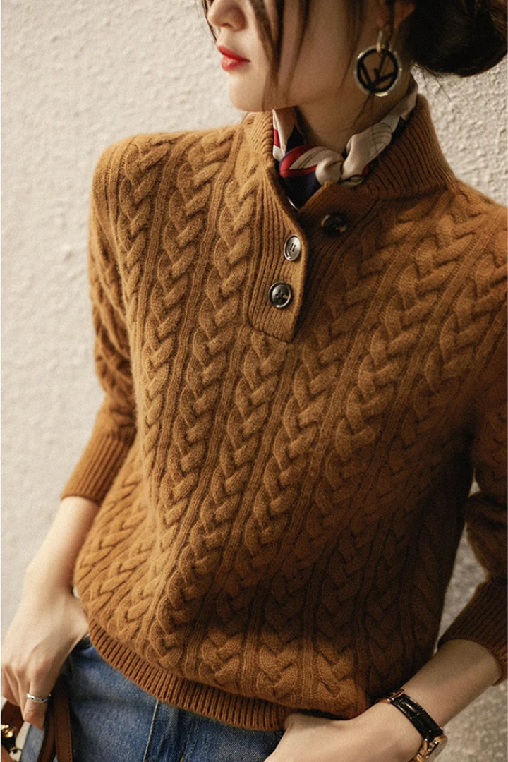 Hazel | Women's Cable-Pattern Pullover Sweater with Button Mock Neck