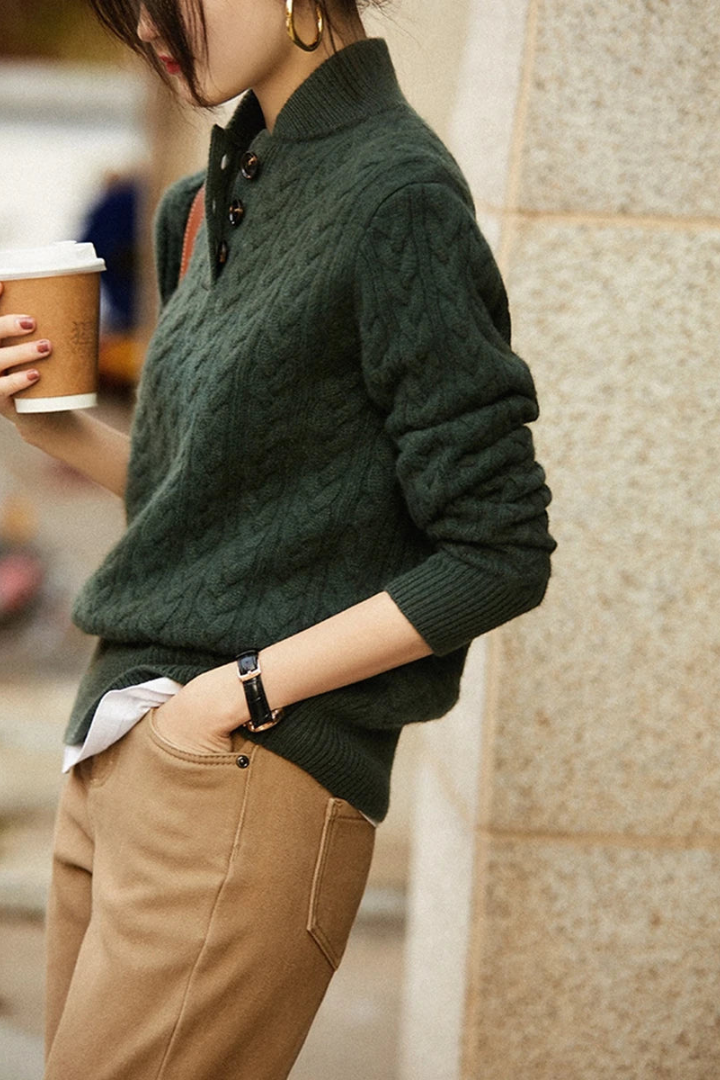Hazel | Women's Cable-Pattern Pullover Sweater with Button Mock Neck