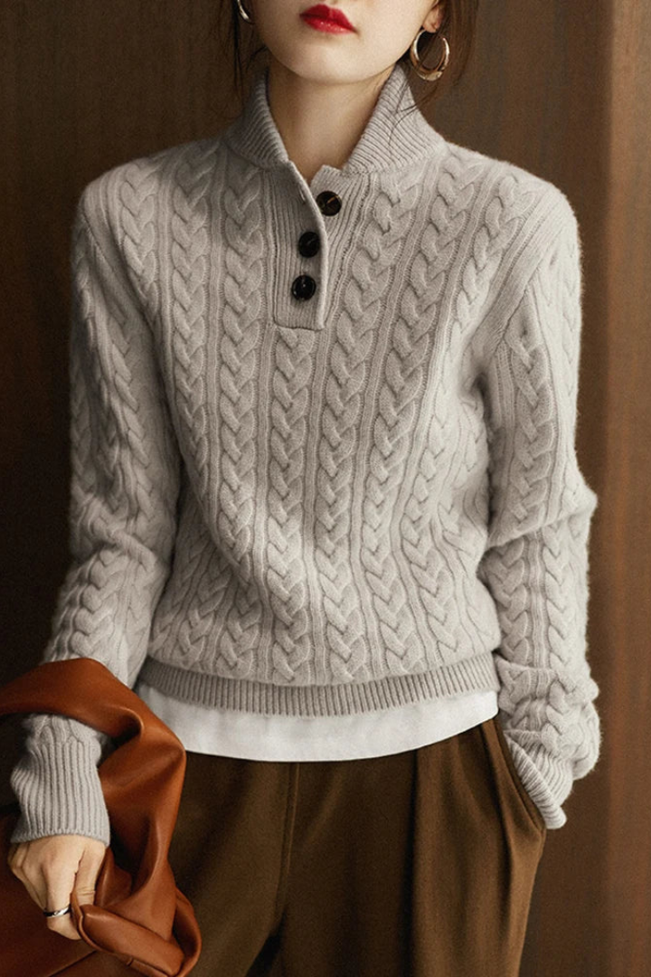 Hazel | Women's Cable-Pattern Pullover Sweater with Button Mock Neck