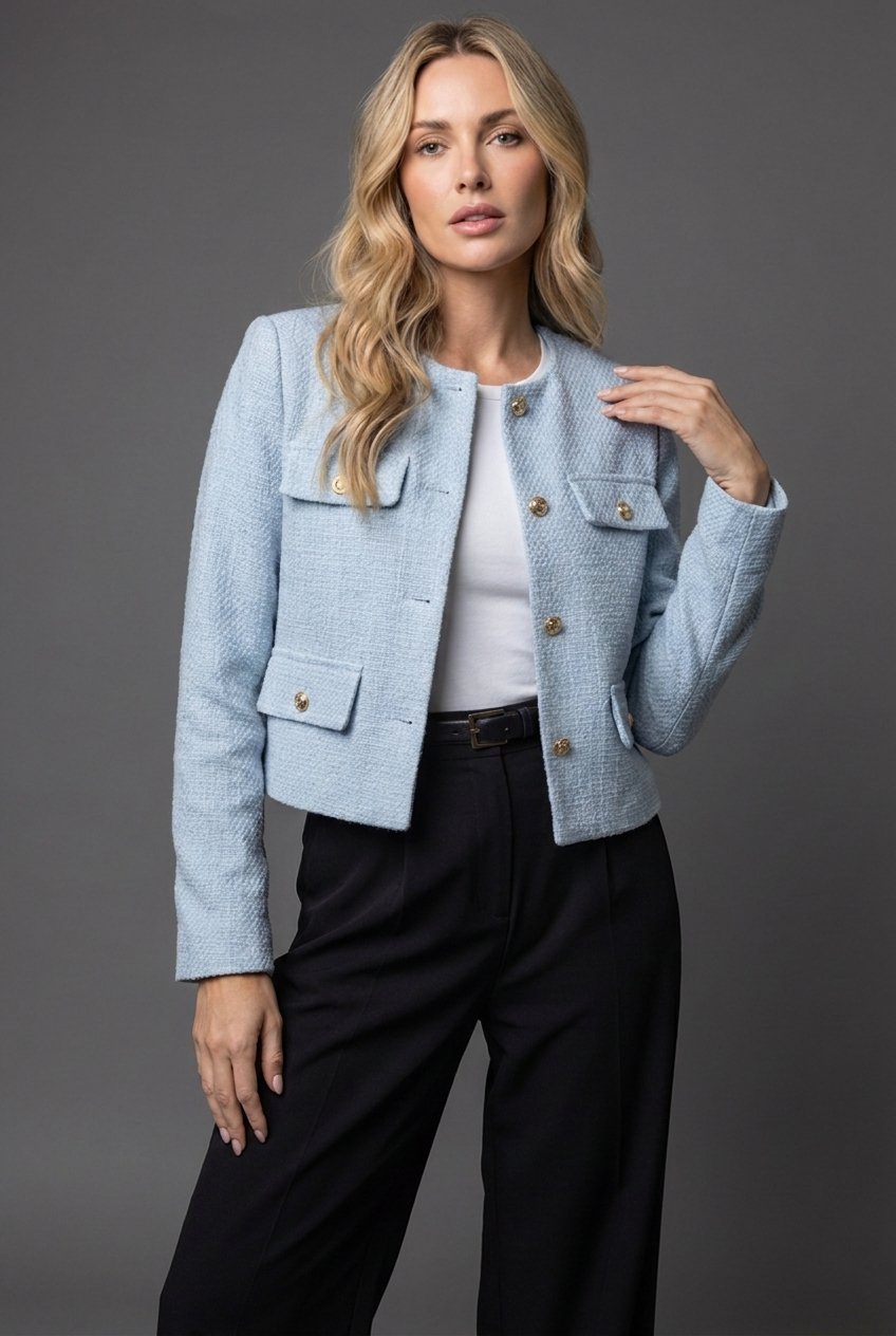 Valloria | Women's Cropped Blazer with Gold Buttons and Flap Pockets