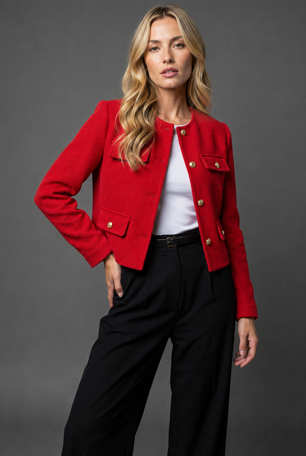 Valloria | Women's Cropped Blazer with Gold Buttons and Flap Pockets