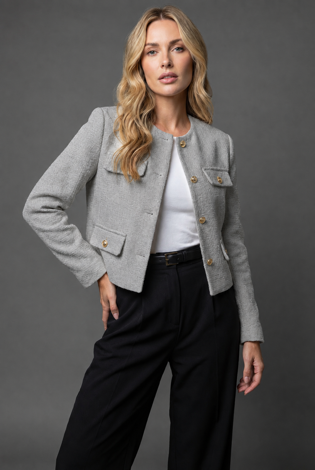 Valloria | Women's Cropped Blazer with Gold Buttons and Flap Pockets