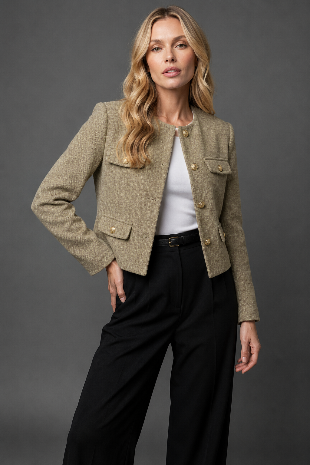 Valloria | Women's Cropped Blazer with Gold Buttons and Flap Pockets
