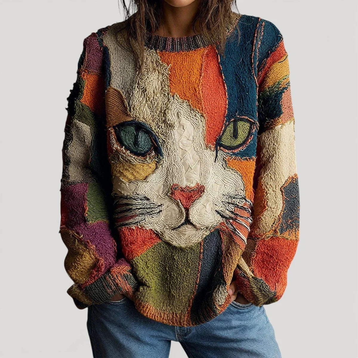 Iris | Women's Relaxed Crewneck Sweater with Colorful Cat Graphic and Patchwork Design