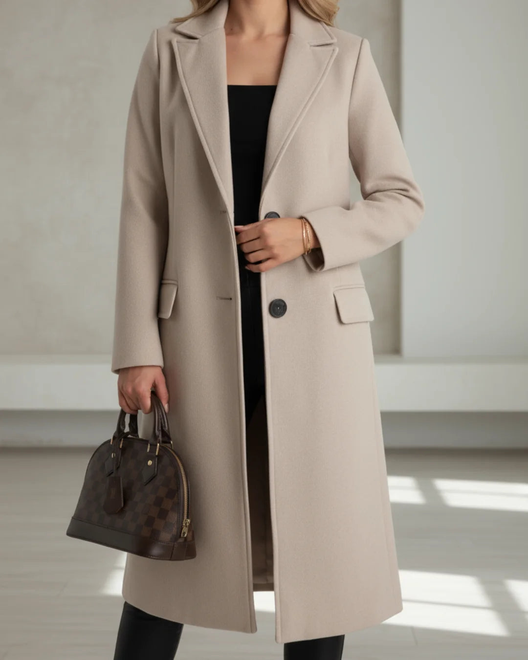 Arabella | Women's Long Tailored Coat with Notched Lapels and Single-Breasted Button Front
