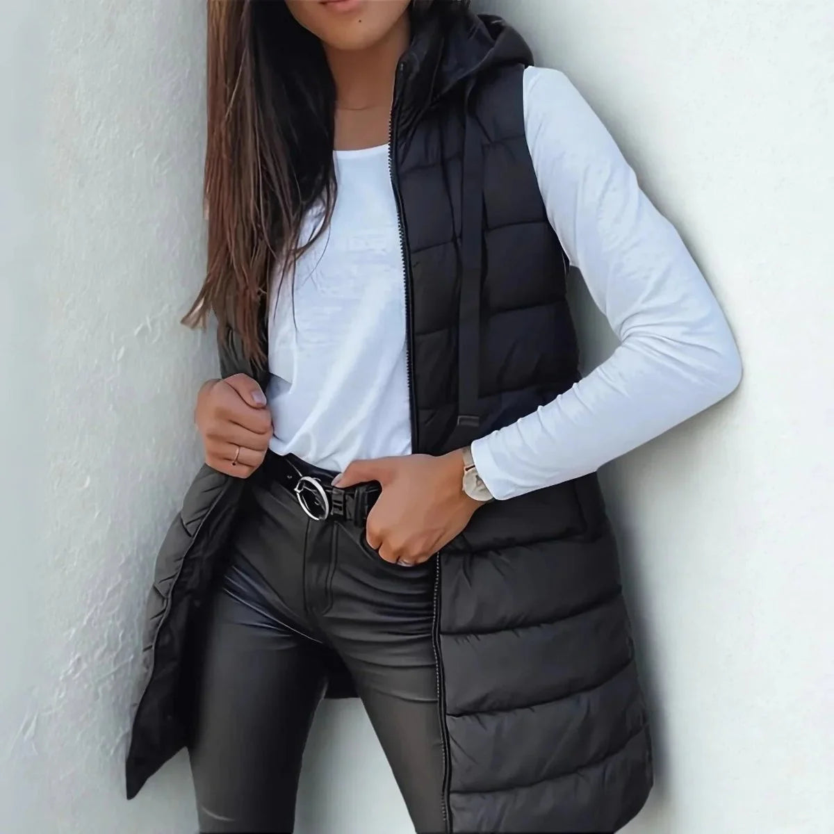 Phoebe | Women's Longline Hooded Puffer Vest with Zip Front and Quilted Design
