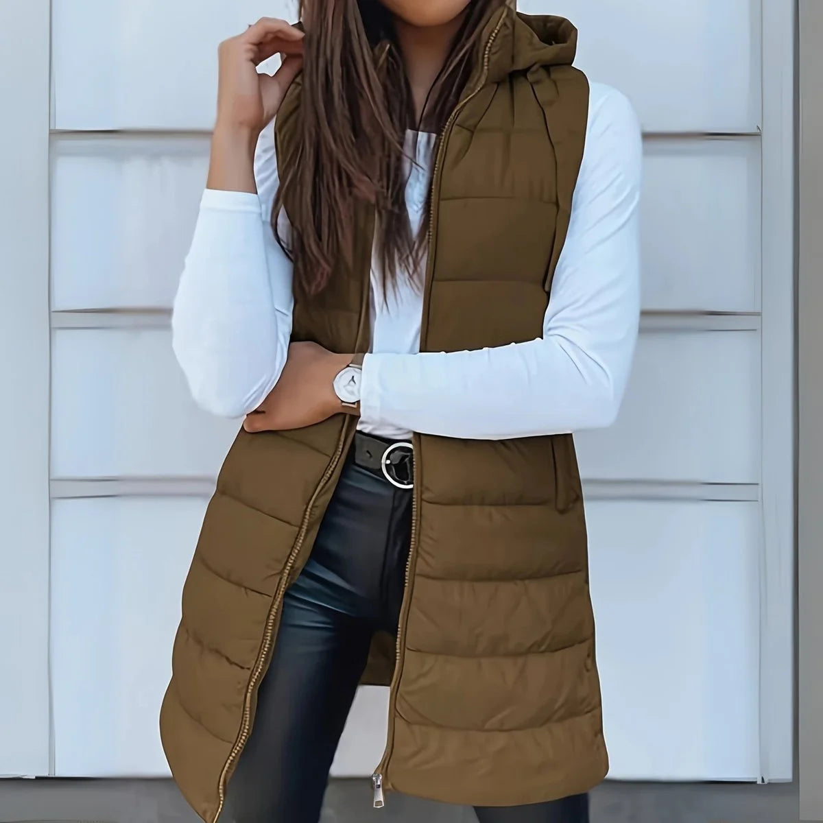 Phoebe | Women's Longline Hooded Puffer Vest with Zip Front and Quilted Design