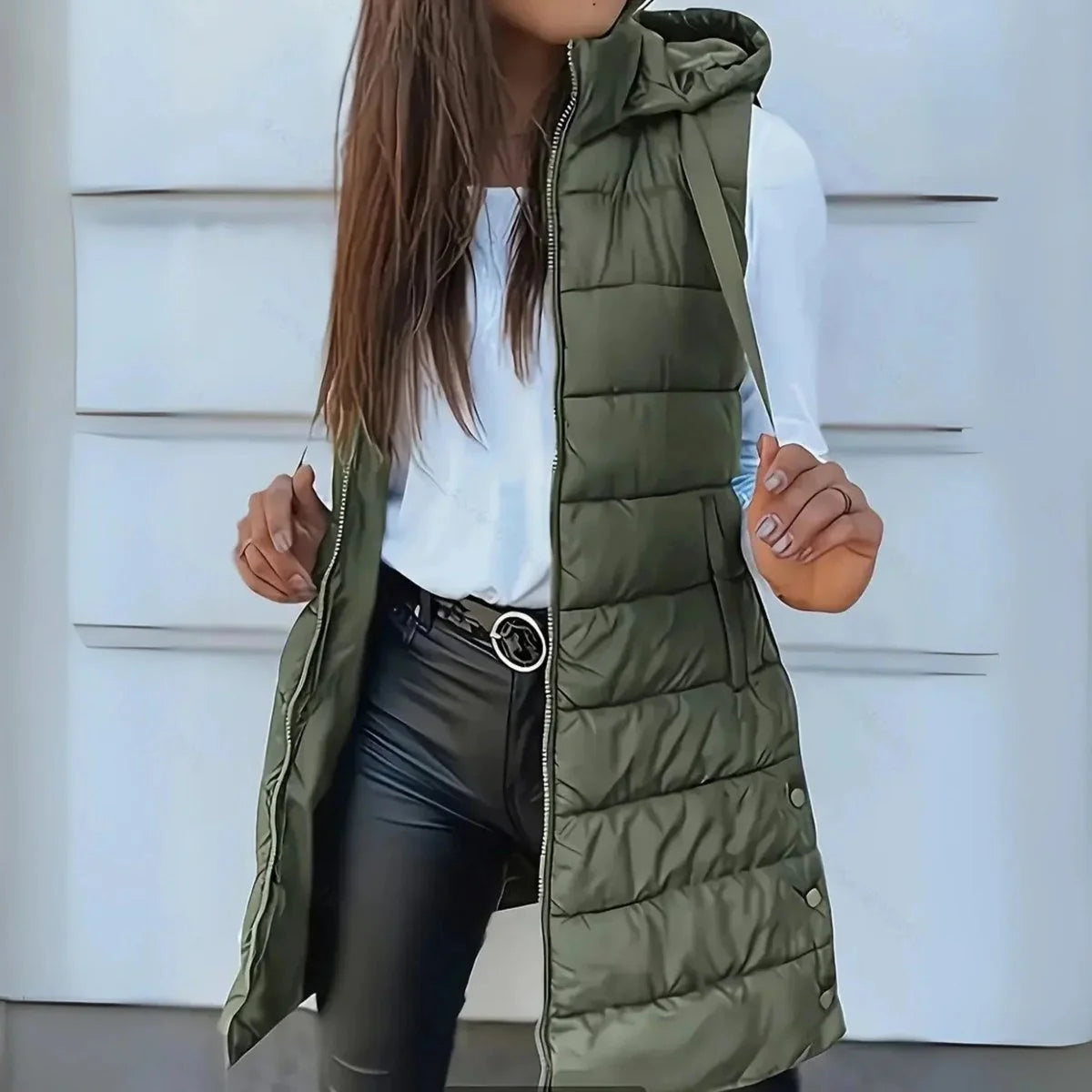 Phoebe | Women's Longline Hooded Puffer Vest with Zip Front and Quilted Design