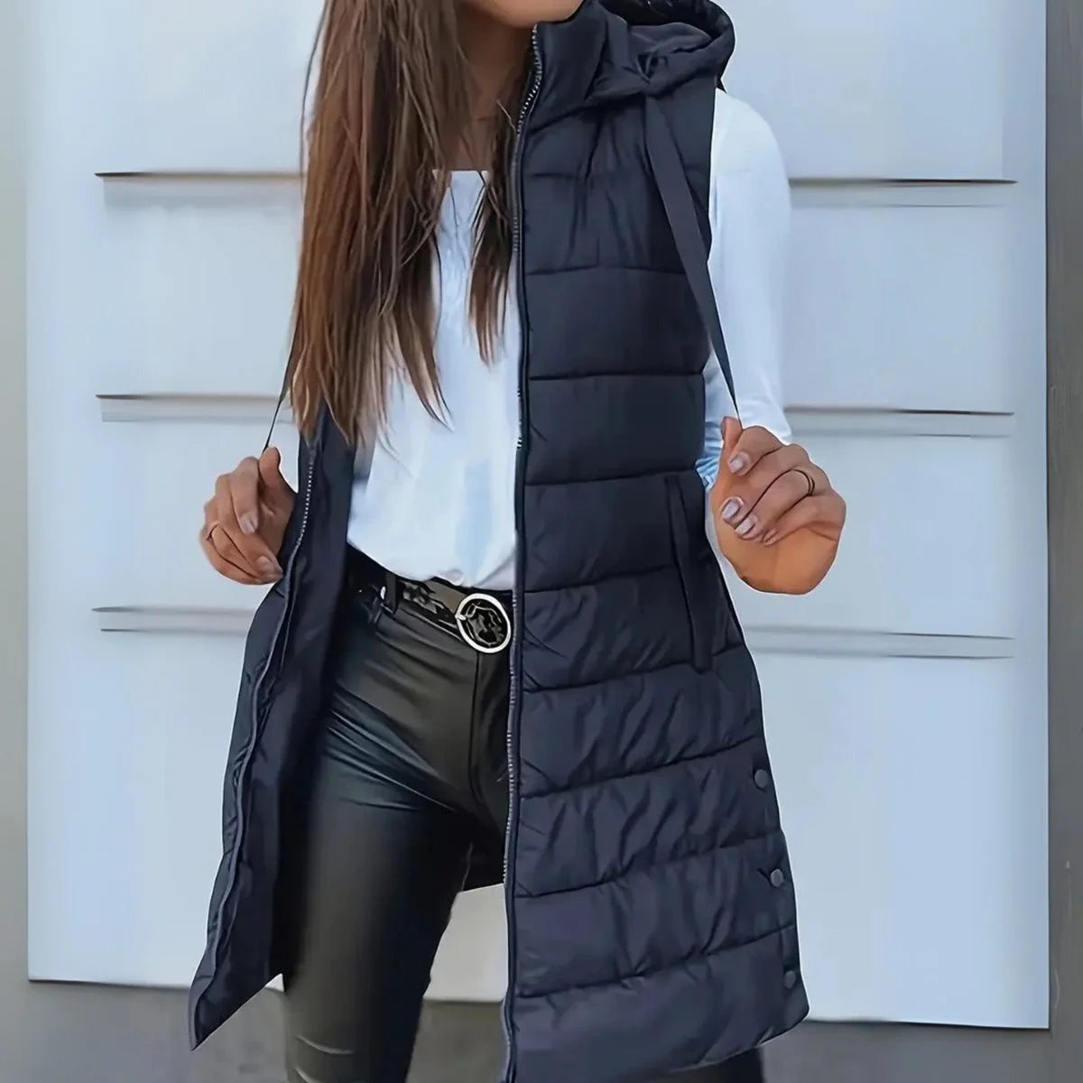 Phoebe | Women's Longline Hooded Puffer Vest with Zip Front and Quilted Design