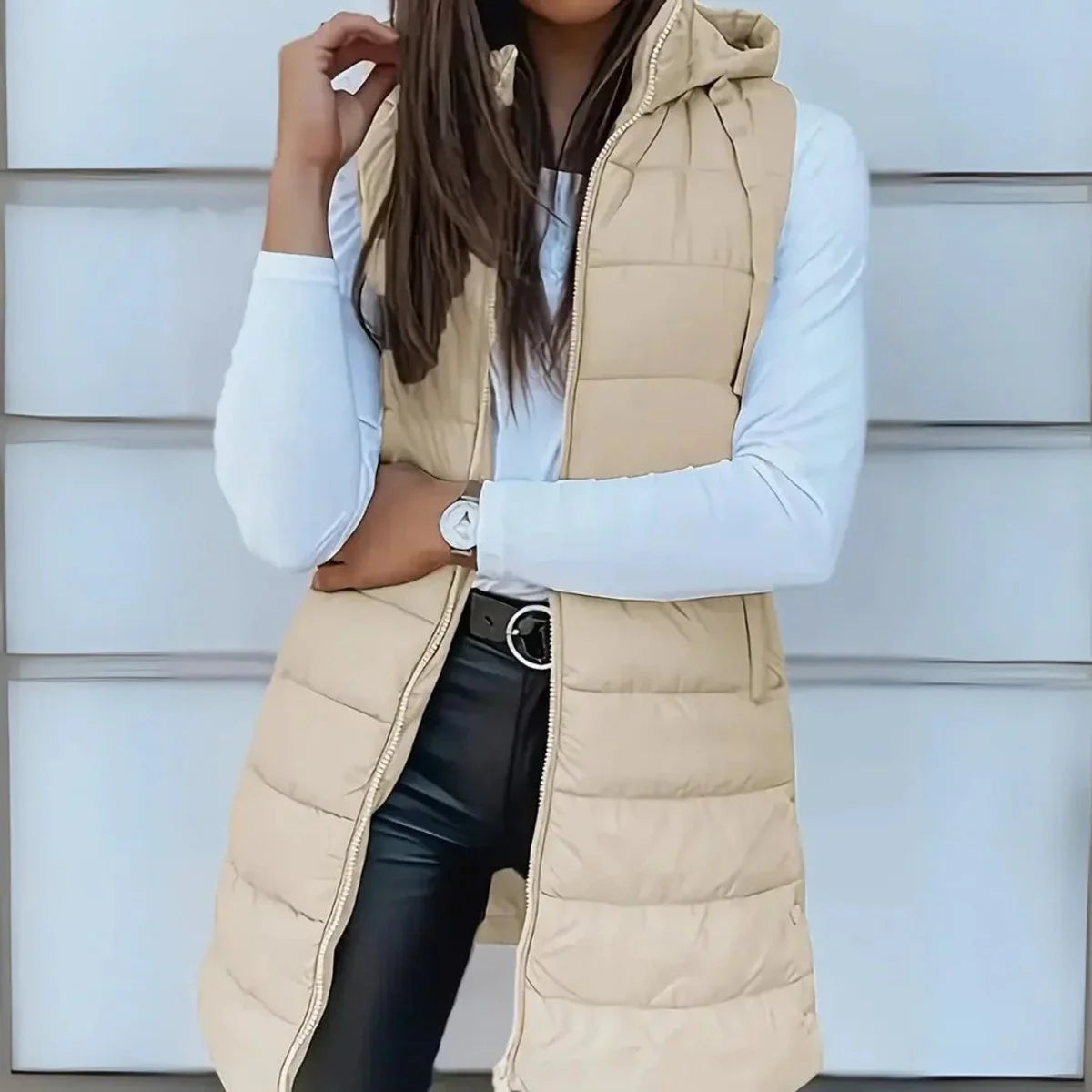 Phoebe | Women's Longline Hooded Puffer Vest with Zip Front and Quilted Design