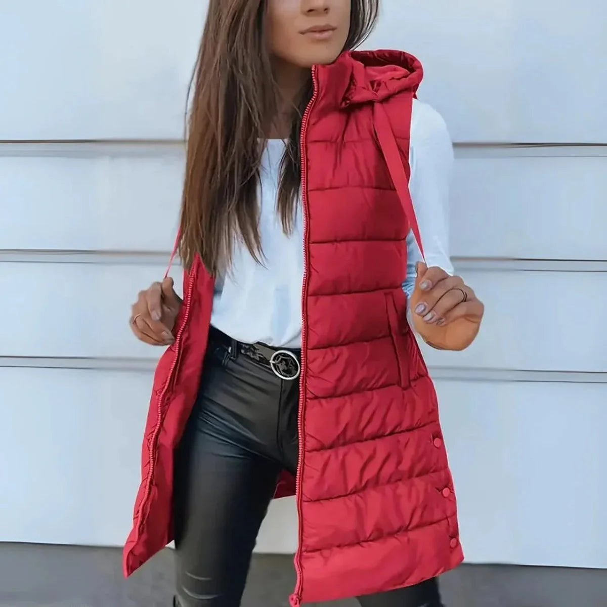 Phoebe | Women's Longline Hooded Puffer Vest with Zip Front and Quilted Design