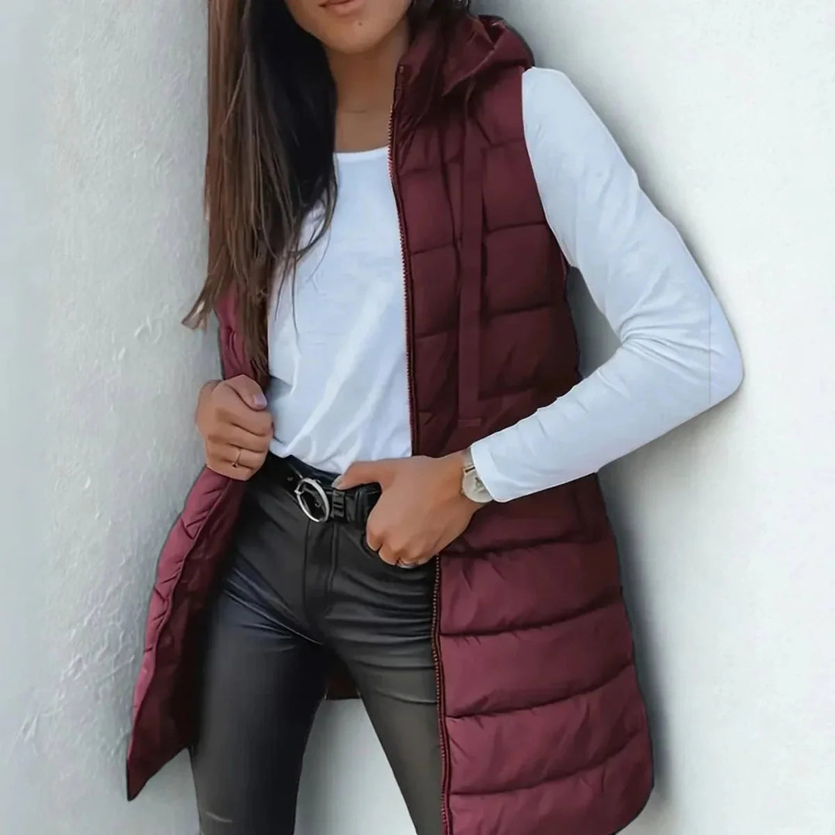 Phoebe | Women's Longline Hooded Puffer Vest with Zip Front and Quilted Design