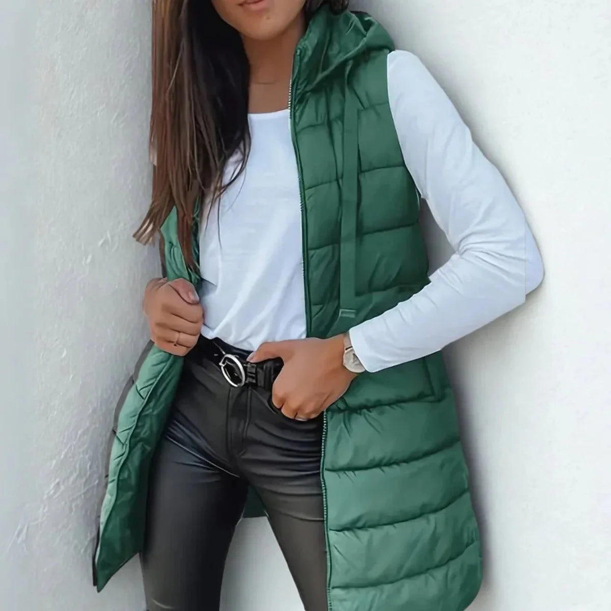 Phoebe | Women's Longline Hooded Puffer Vest with Zip Front and Quilted Design