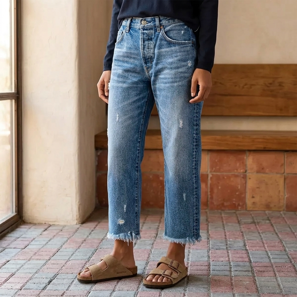 Megan | Women's High-Waisted Cropped Straight-Leg Jeans with Frayed Hem