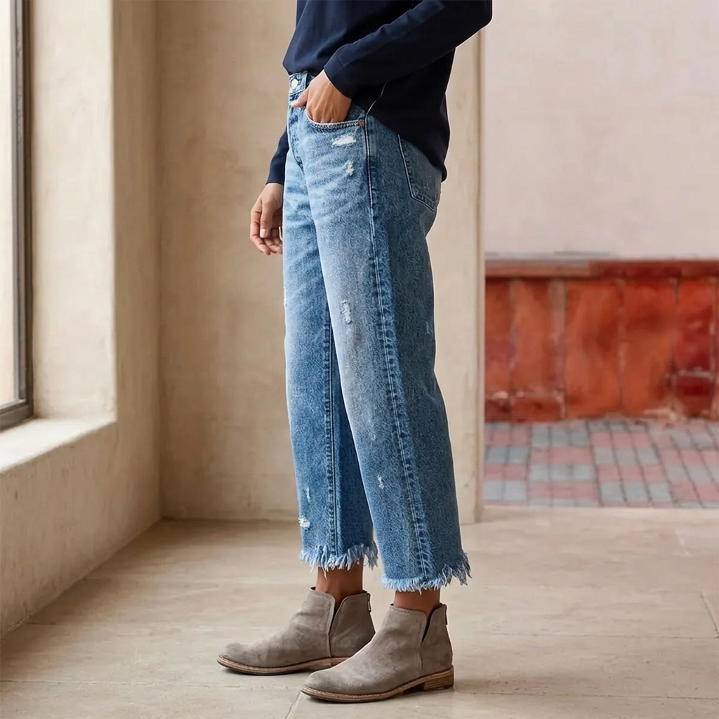 Megan | Women's High-Waisted Cropped Straight-Leg Jeans with Frayed Hem