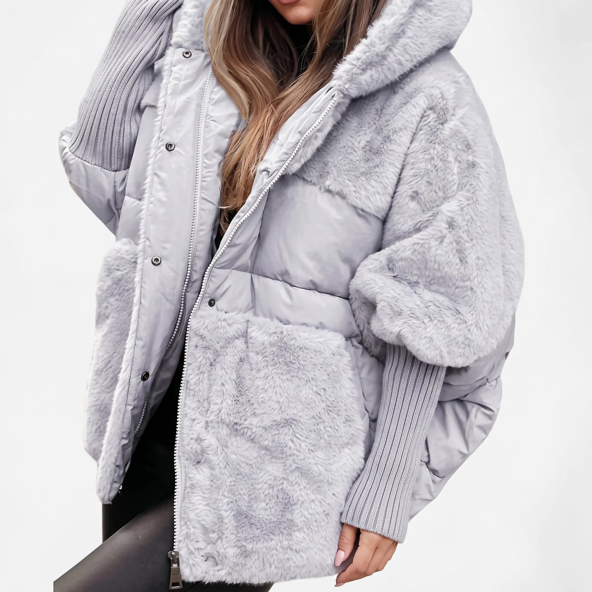 Eliza | Women's Hooded Puffer Coat with Fluffy Contrast Panels and Ribbed Cuffs
