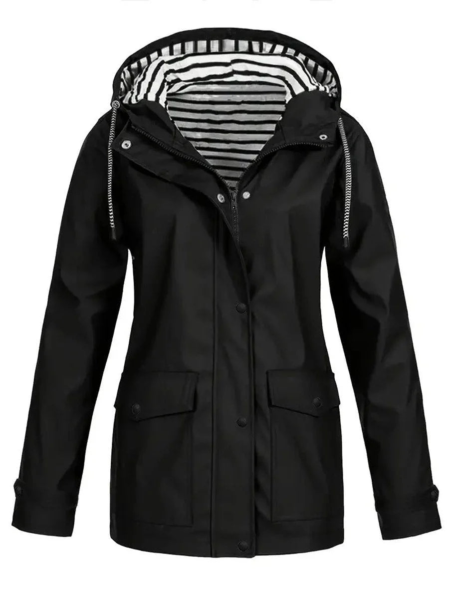Nora | Women's Hooded Rain Jacket with Striped Lining and Zip-Up Front