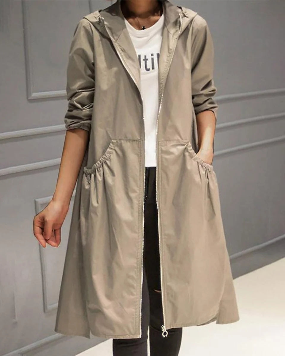 Marina | Women's Hooded Longline Zip-Up Coat with Gathered Pockets and A-Line Silhouette