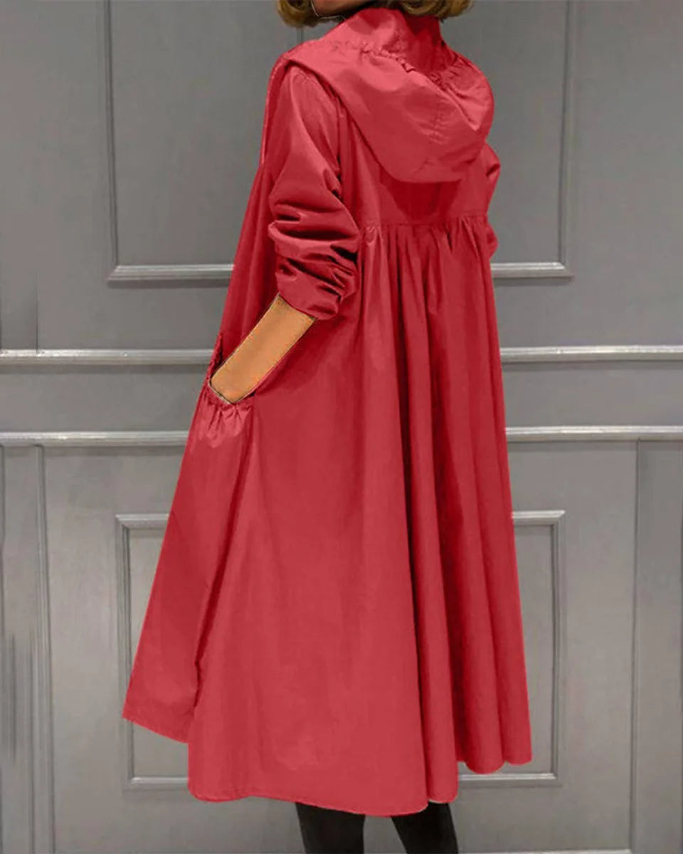 Marina | Women's Hooded Longline Zip-Up Coat with Gathered Pockets and A-Line Silhouette