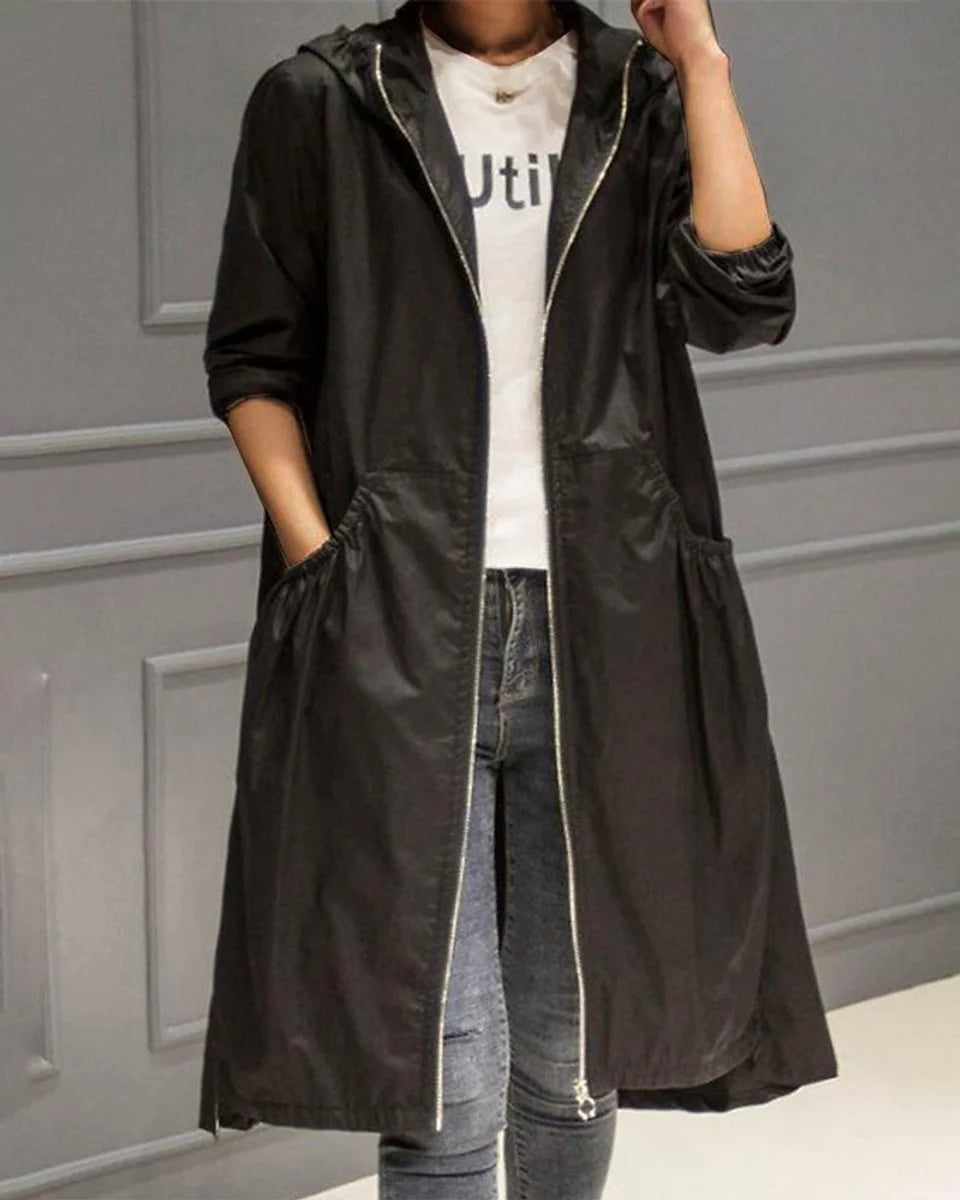Marina | Women's Hooded Longline Zip-Up Coat with Gathered Pockets and A-Line Silhouette