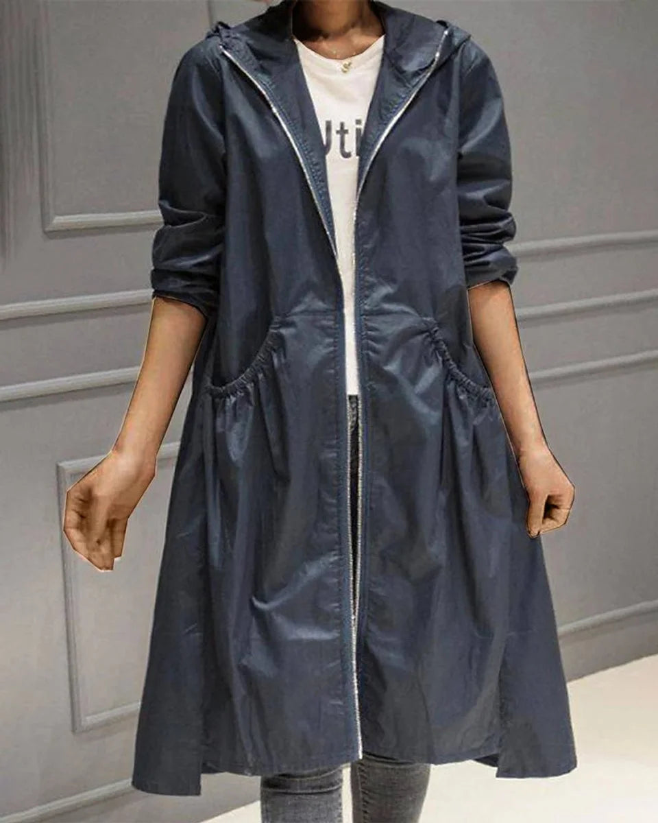 Marina | Women's Hooded Longline Zip-Up Coat with Gathered Pockets and A-Line Silhouette