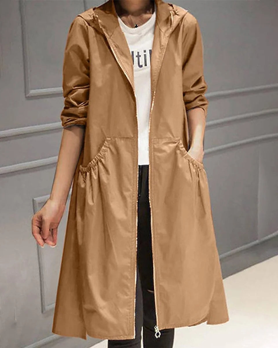 Marina | Women's Hooded Longline Zip-Up Coat with Gathered Pockets and A-Line Silhouette