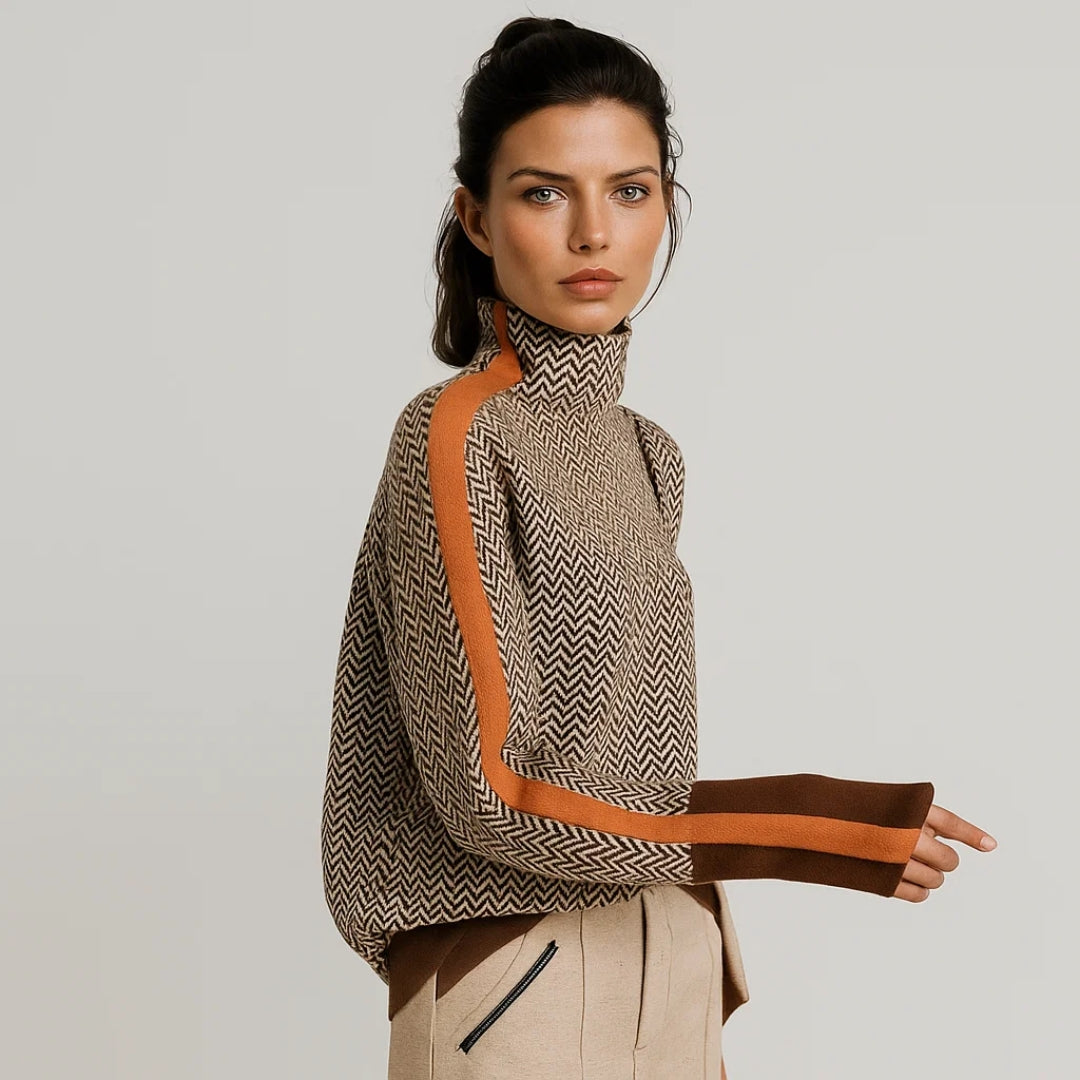 Sylvia | Women's Herringbone-Pattern High-Neck Pullover Sweater with Contrast Sleeve Stripes
