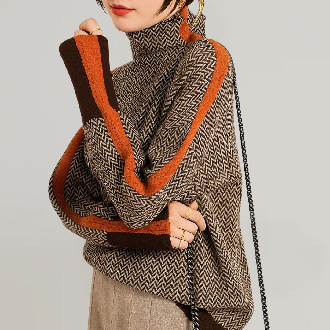 Sylvia | Women's Herringbone-Pattern High-Neck Pullover Sweater with Contrast Sleeve Stripes