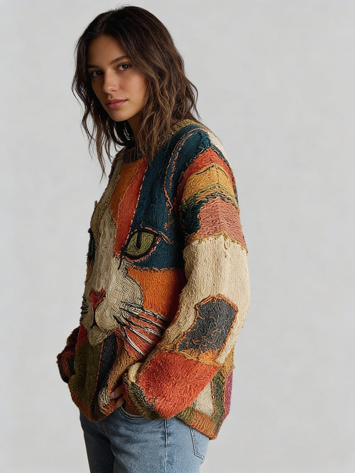 Iris | Women's Relaxed Crewneck Sweater with Colorful Cat Graphic and Patchwork Design