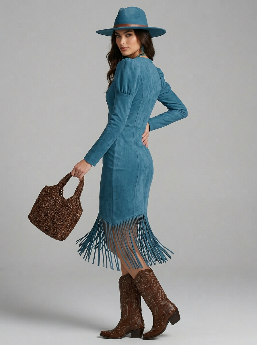 Women's Dress V-Neck Puff Sleeve Fringe | Midi