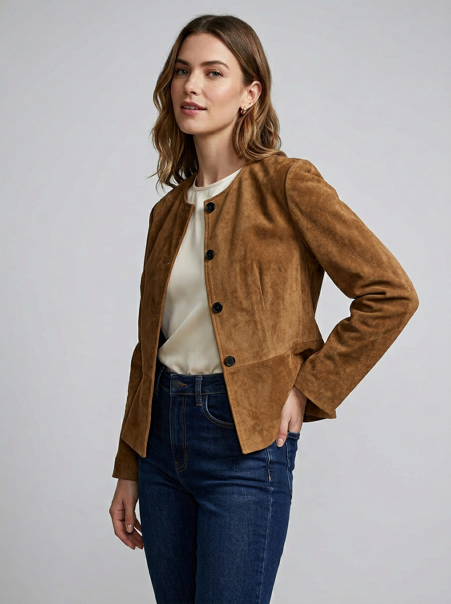 Women's Jacket Button Front Round Neck | Cropped