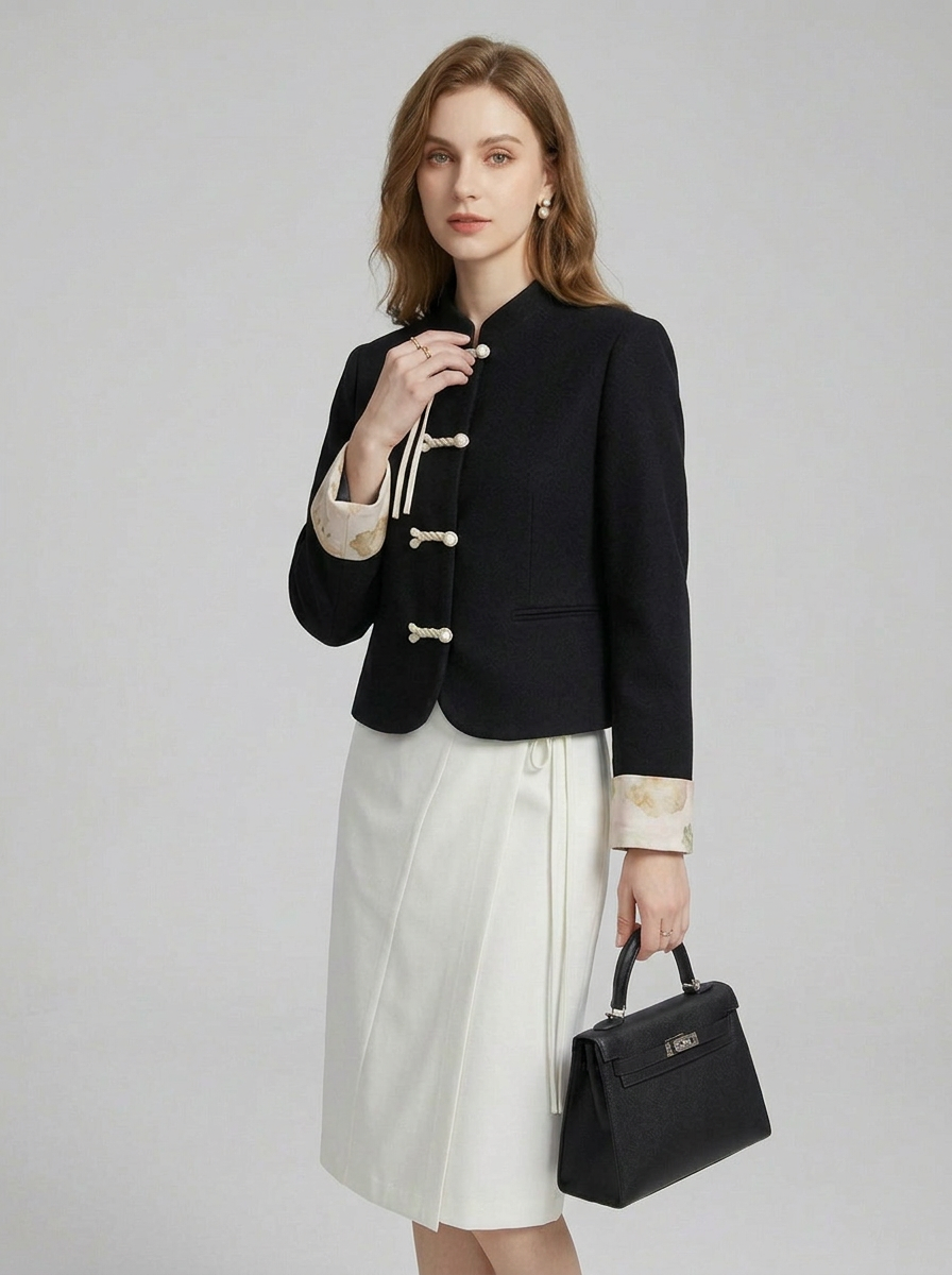 Women's Jacket Mandarin Collar Frog Closure | Cropped